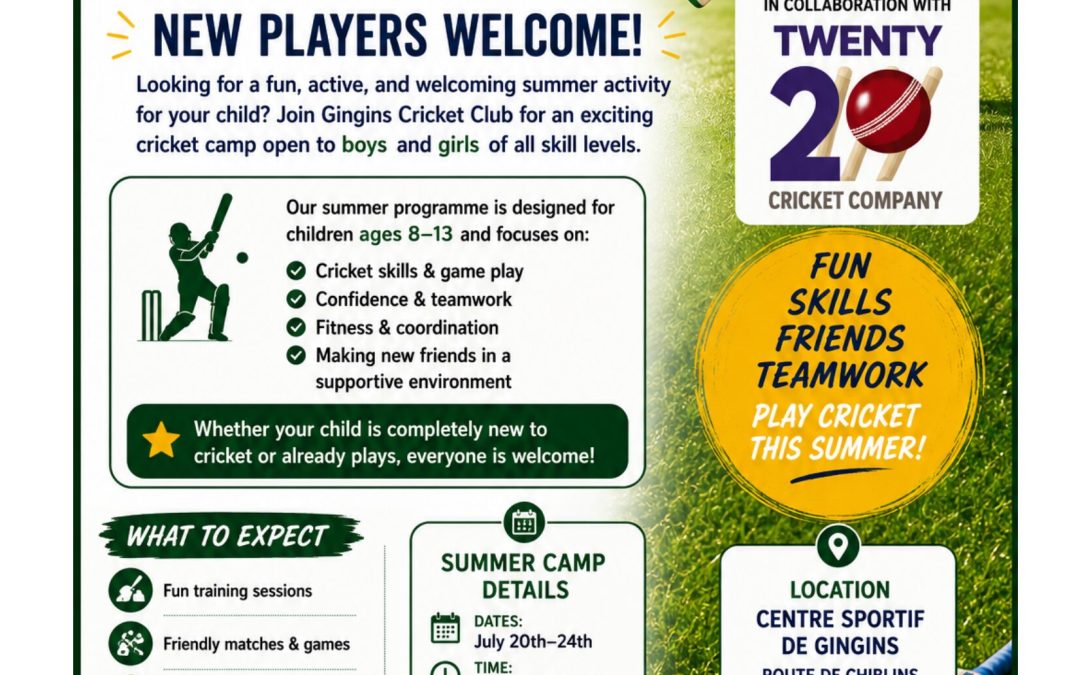 Cricket Summer Camp at Gingins CC (near Nyon) – 20-24 July 2026 – for boys and girls aged 8 to 13